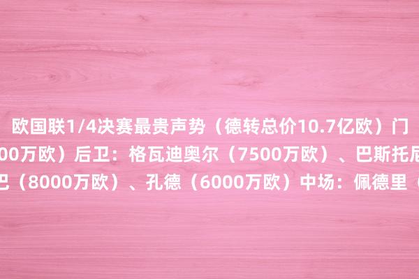 欧国联1/4决赛最贵声势(德转总价10.7亿欧)门将:迪奥戈-科斯塔(4000万欧)后卫:格瓦迪奥尔(7500万欧)、巴斯托尼(7500万欧)、萨利巴(8000万欧)、孔德(6000万欧)中场:佩德里(1亿欧)、穆西亚拉(1.4亿欧)、巴雷拉(8000万欧)先锋:西蒙斯(8000万欧)、姆巴佩(1.6亿欧)、亚马尔(1.8亿欧)    体育集锦